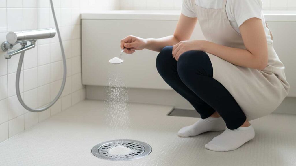 風呂場の排水口に重曹とクエン酸水をかける