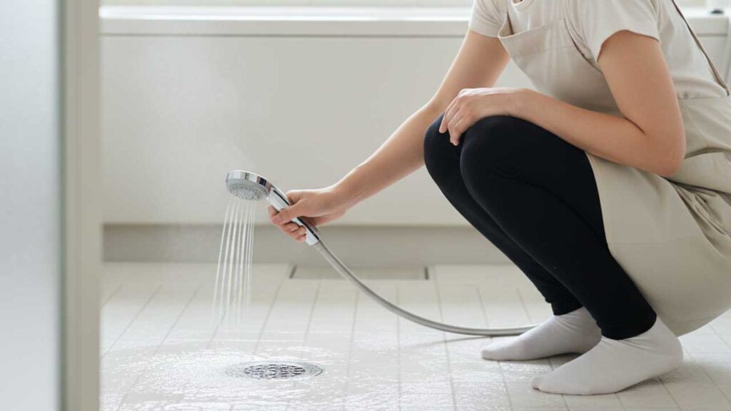 風呂場の排水口にお湯を流す