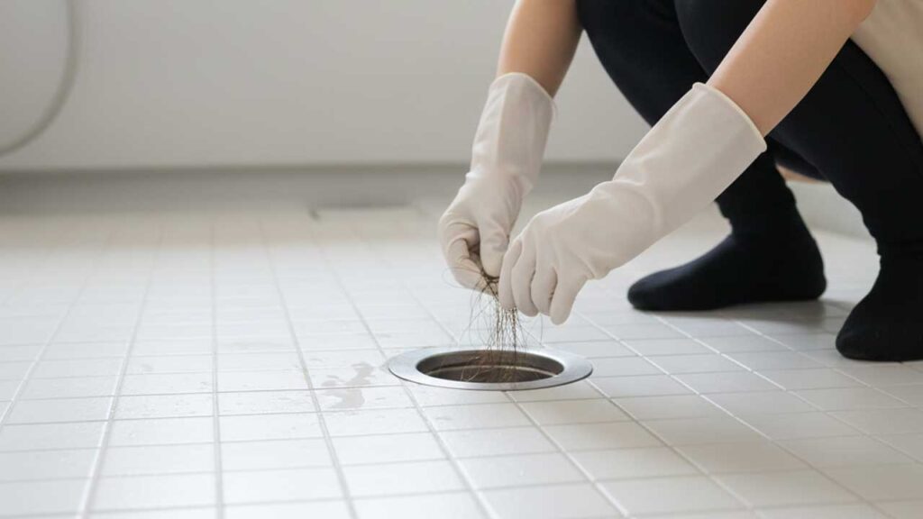 風呂場の排水口に詰まった髪の毛を取り除く