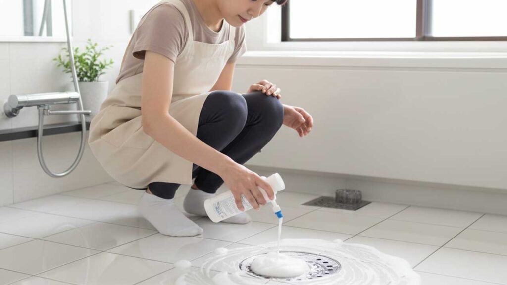 風呂場の排水口を洗浄する