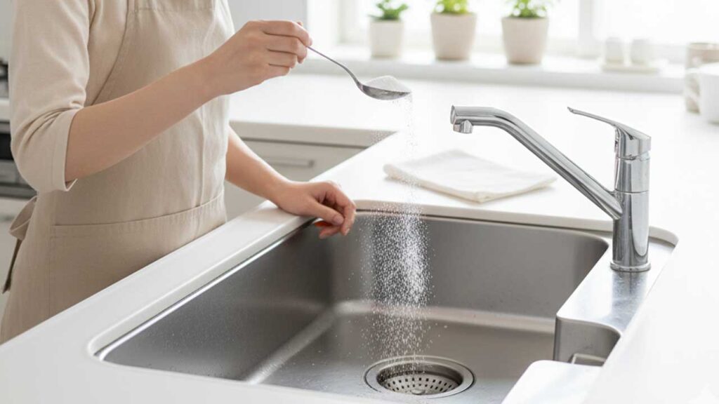 キッチンの排水口に重曹をかける