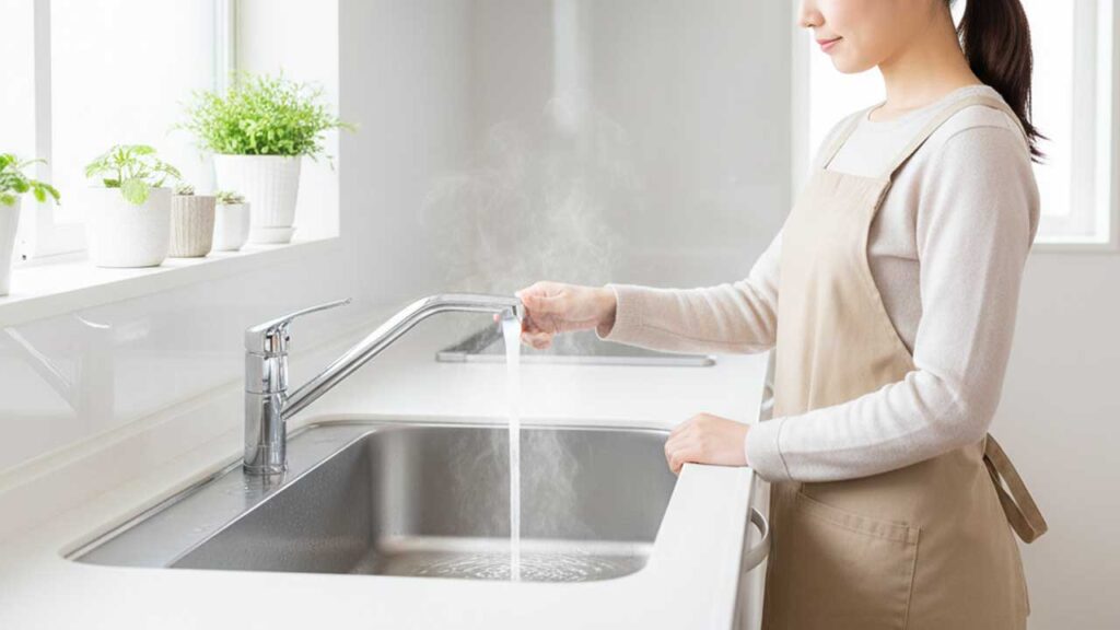 キッチンの排水口に40℃～50℃のお湯を流す