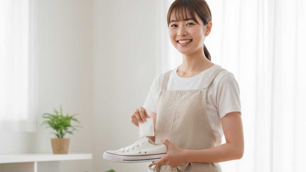 重曹を靴に入れる女性