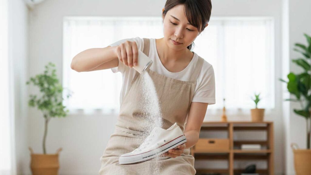 重曹を靴に入れる女性