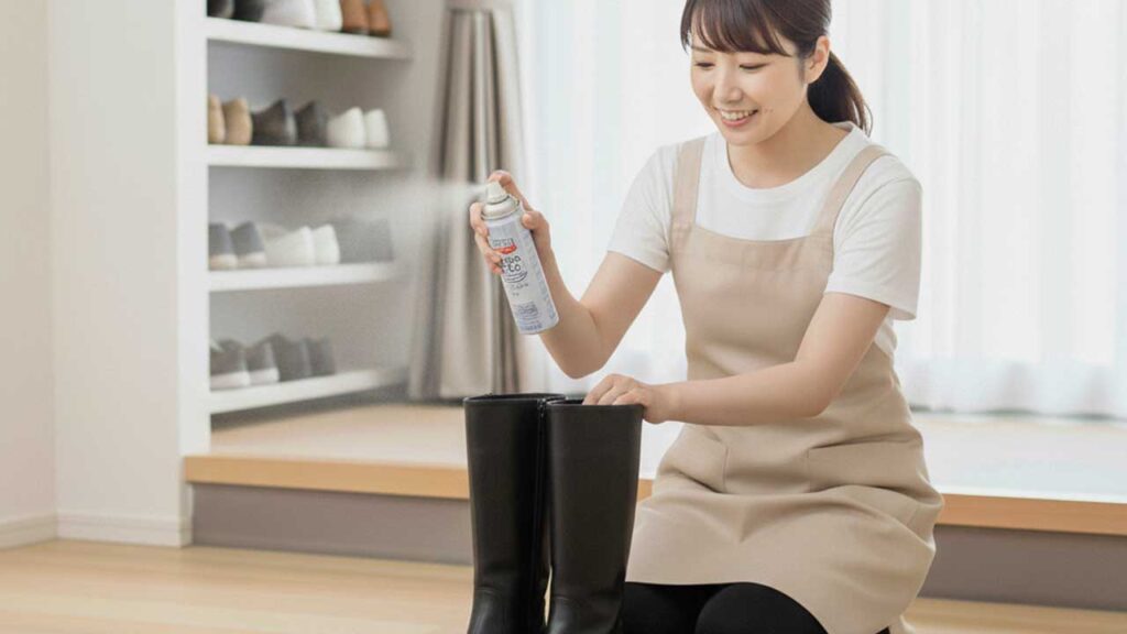 ブーツに消臭スプレーをかける