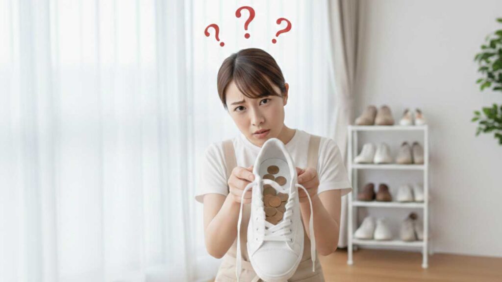 靴に10円玉を入れる