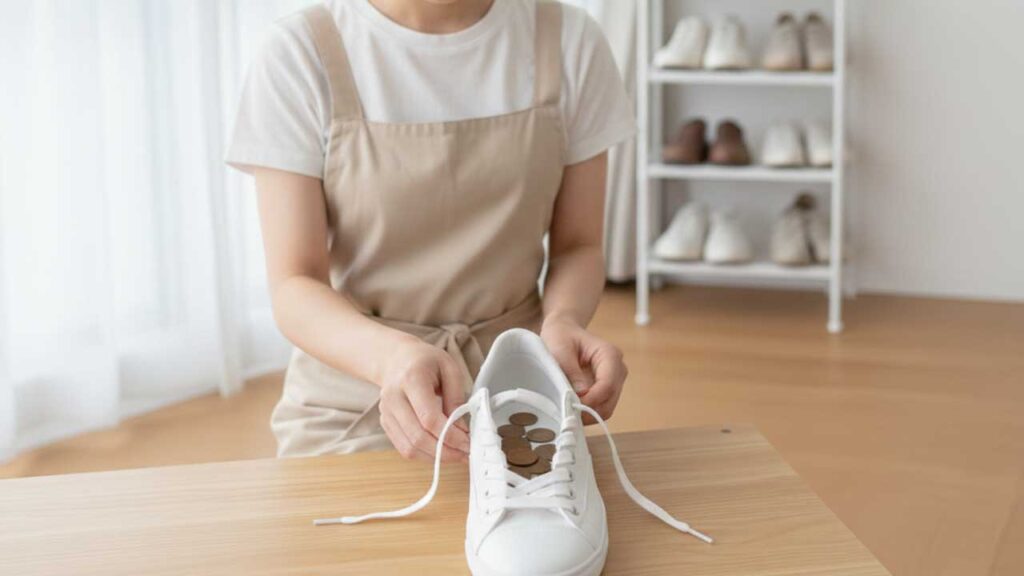 靴に10円玉を入れる