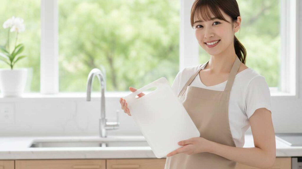 プラスチック製のまな板を持つ女性