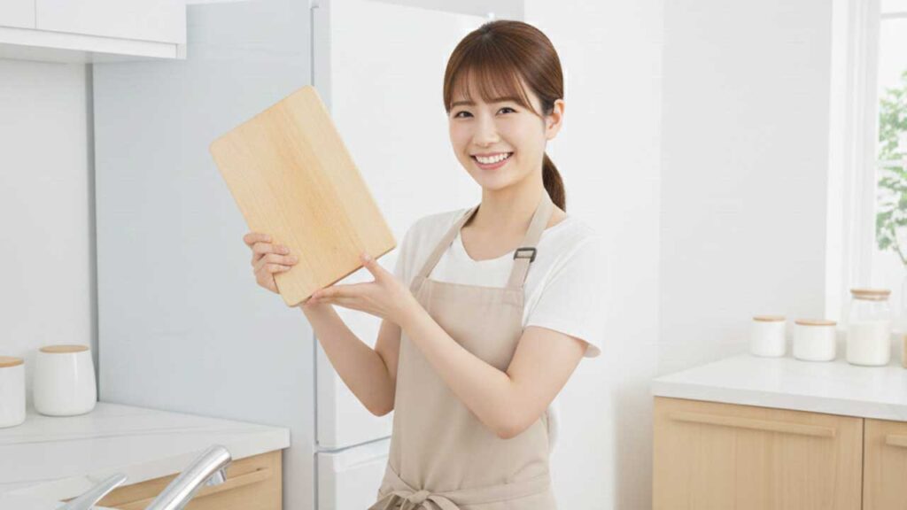 木製のまな板を持つ女性