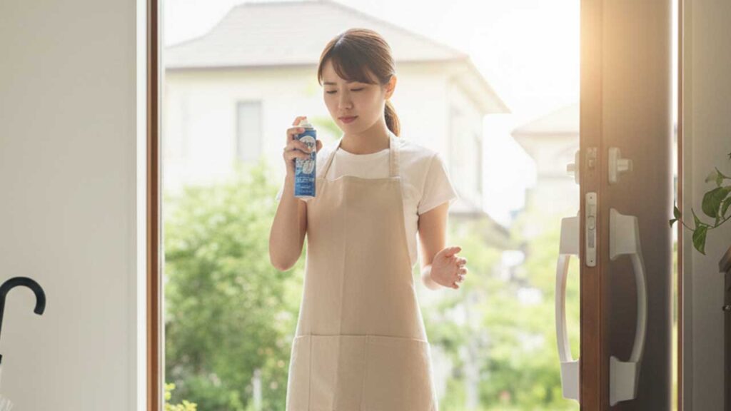 消臭スプレーのにおいを嗅ぐ