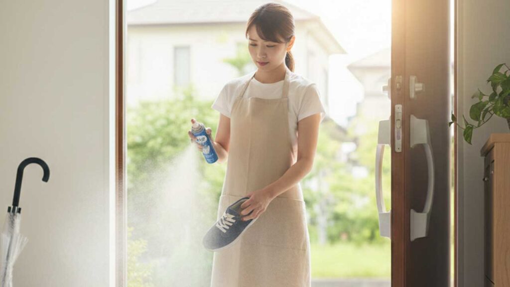 消臭スプレーを靴にふりかける