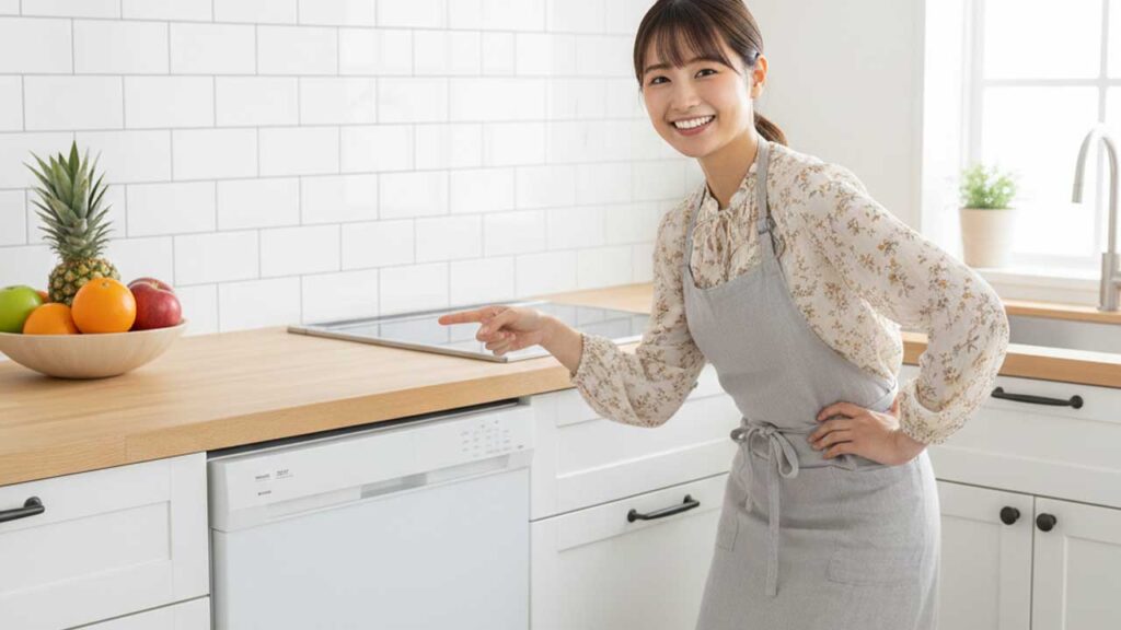 食洗機と笑顔の女性