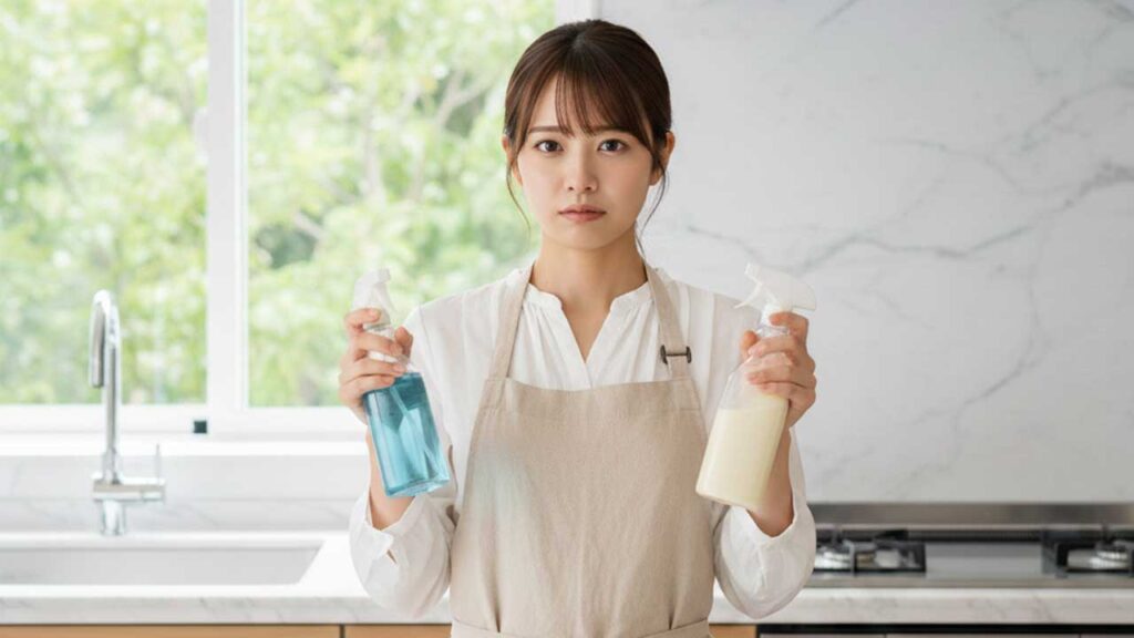 洗剤を持つ女性