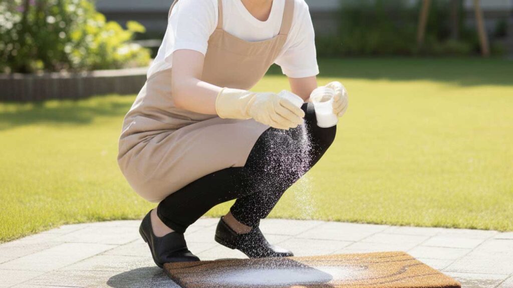 玄関マットに重曹をふりかける