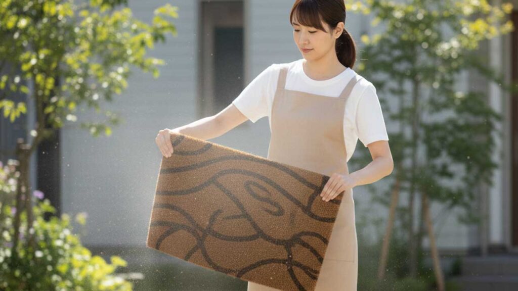 玄関マットの汚れをはたく