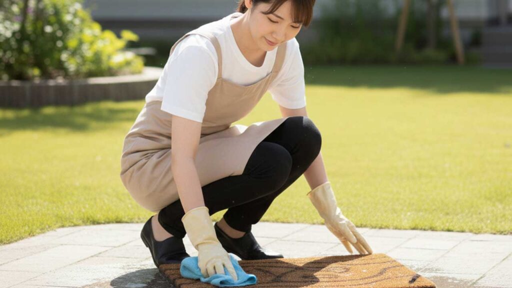 玄関マットを拭く