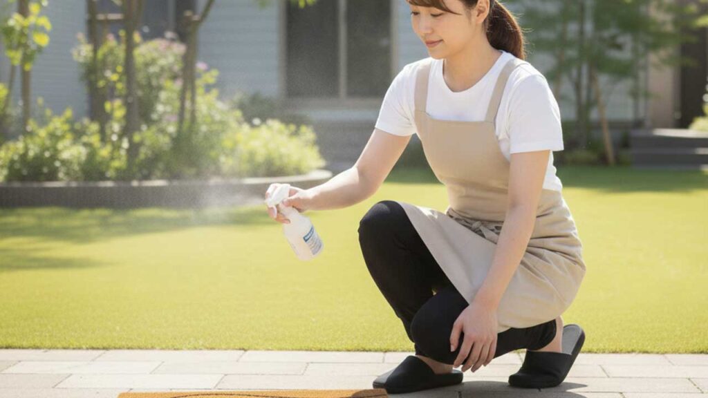 玄関マットに消臭スプレーを吹きかける