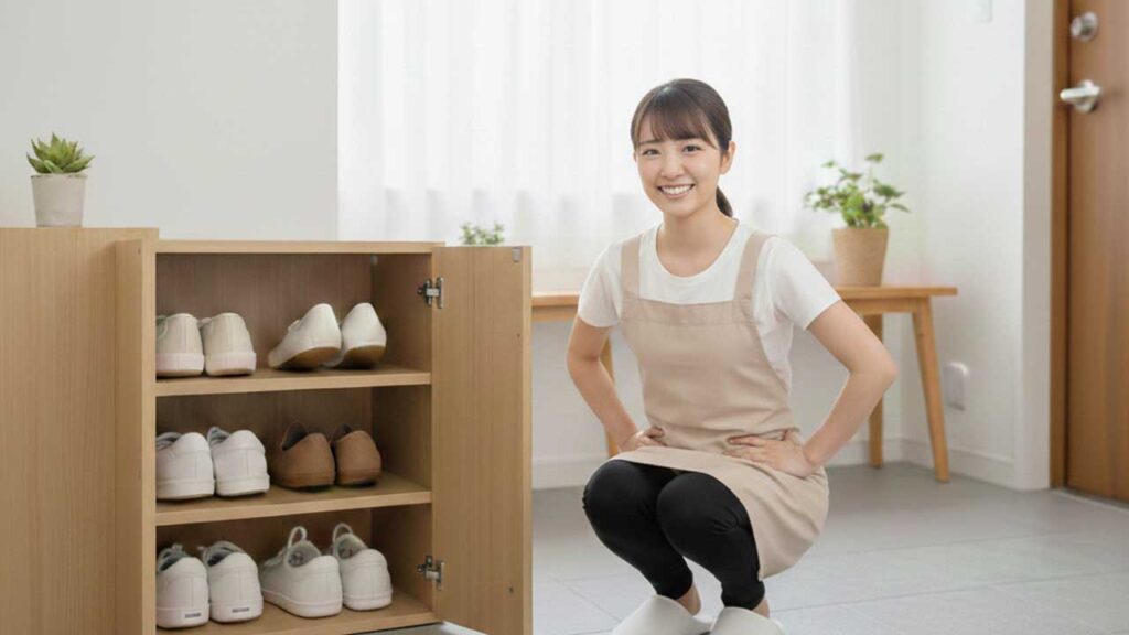 靴箱の前でポーズを取る女性