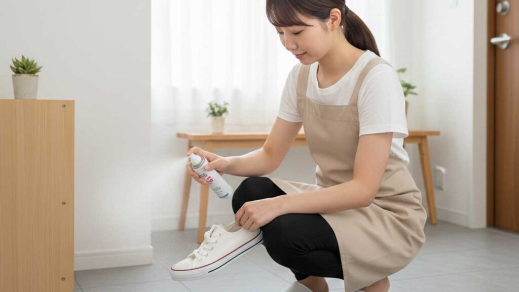 靴に消臭スプレーをかける