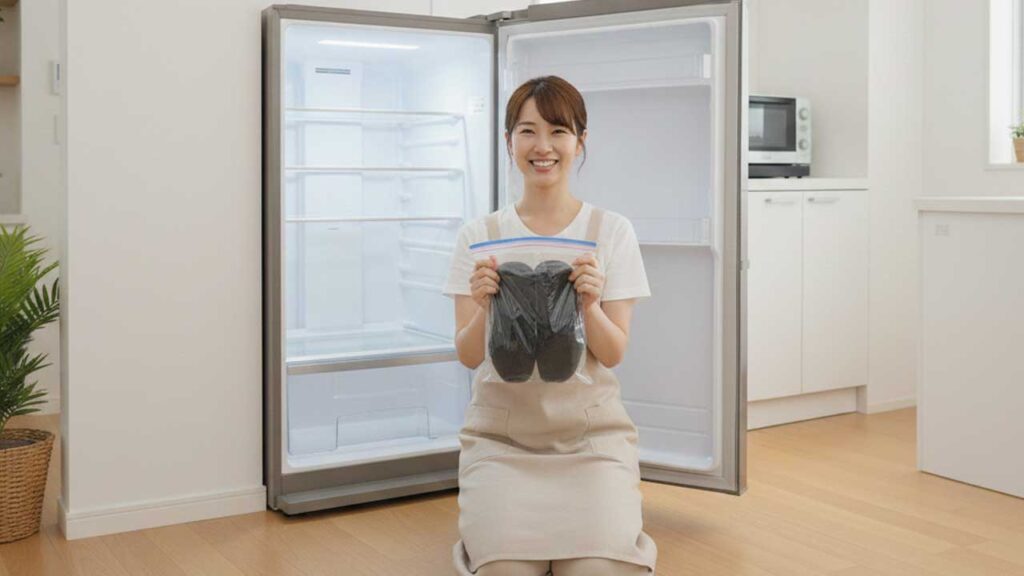 冷凍庫に靴を入れる