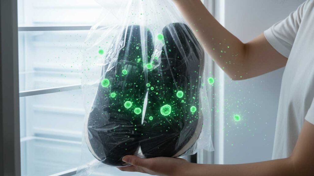 冷凍庫に靴を入れる