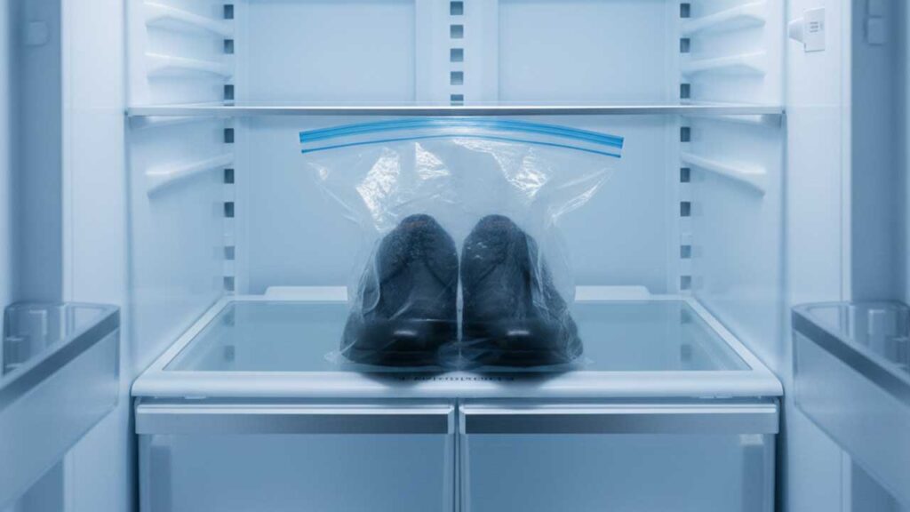 冷凍庫に革靴を入れる