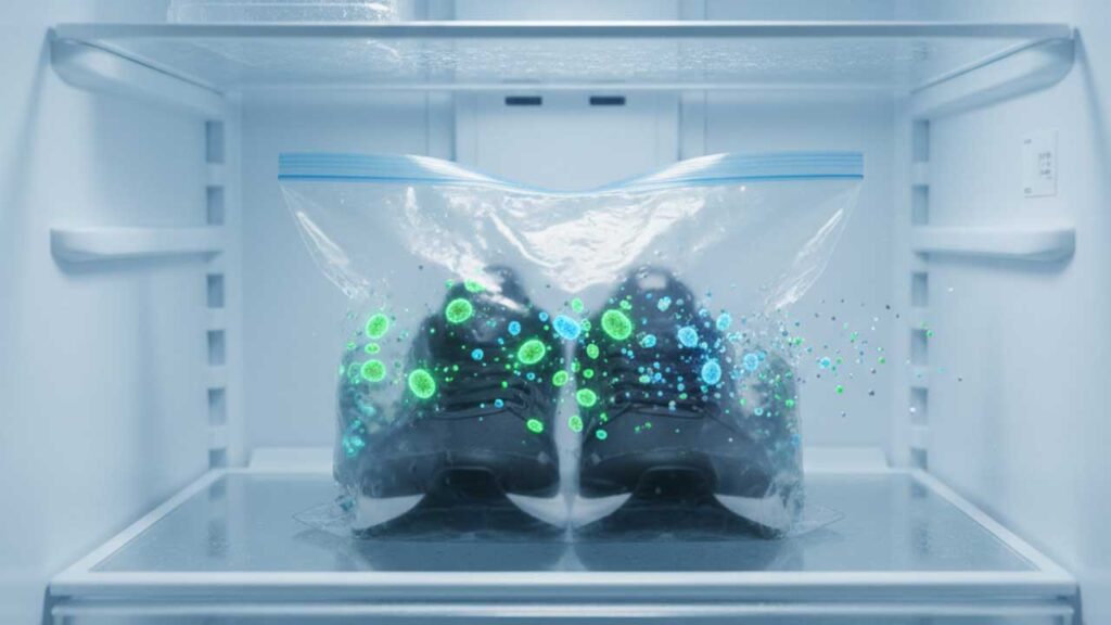 冷凍庫にスニーカーを入れる