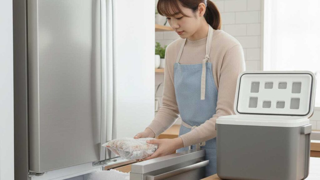 冷凍庫の食品をクーラーボックスに移す