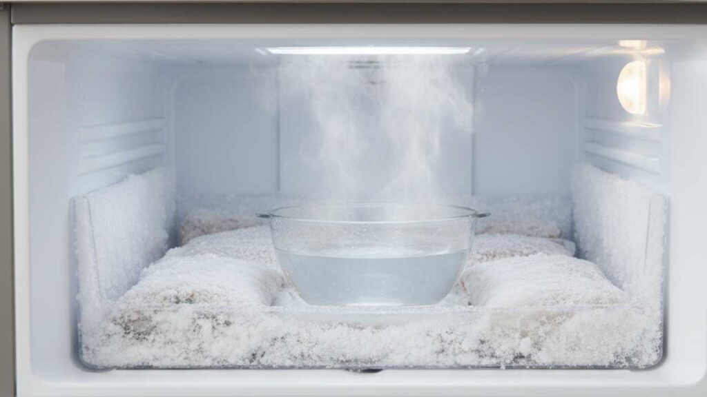 冷凍庫にお湯を入れて蒸気で霜を溶かす