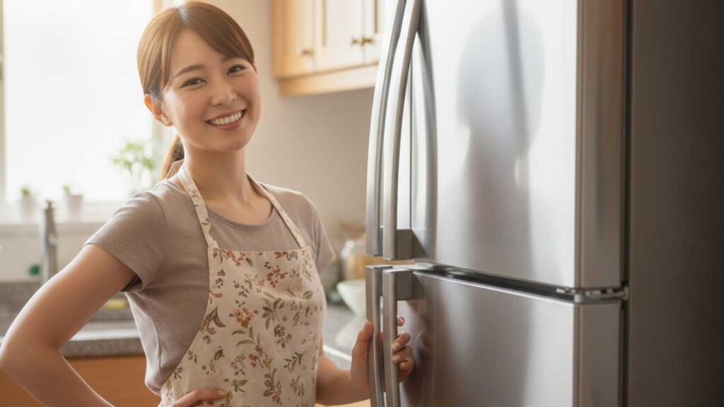 冷凍庫の横に立つ女性