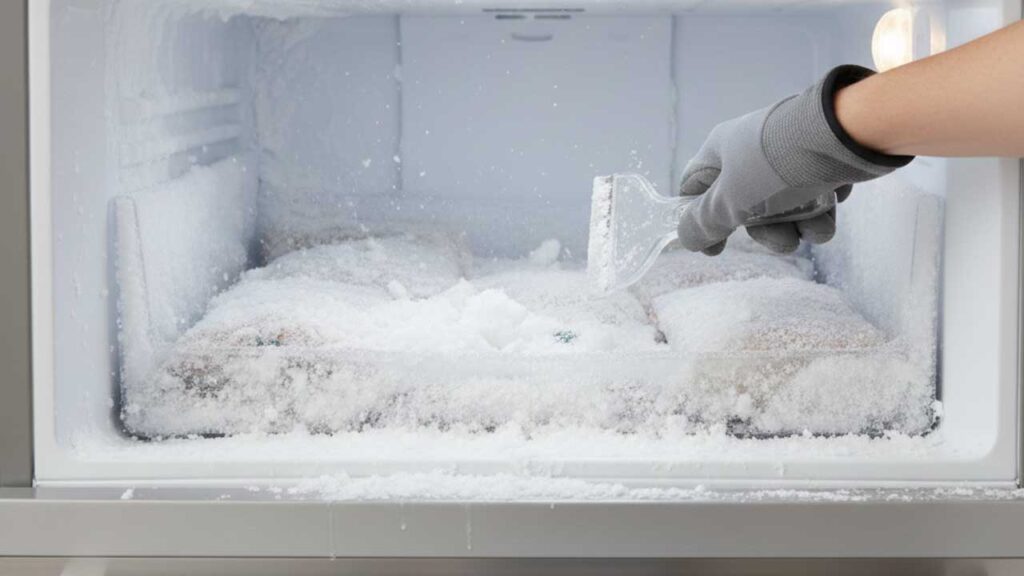 冷凍庫の霜をプラスチック製スクレーパーで取る