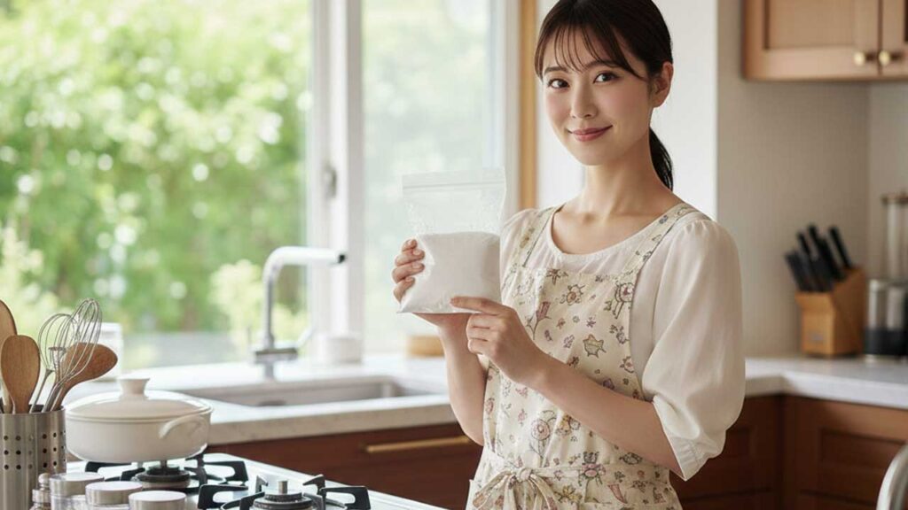 ガスコンロの前で重曹を持つ女性