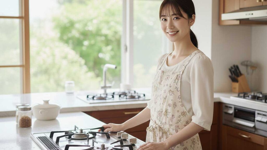ガスコンロの前に立つ女性