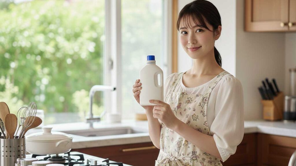 ガスコンロの前で酵素系漂白剤を持つ女性