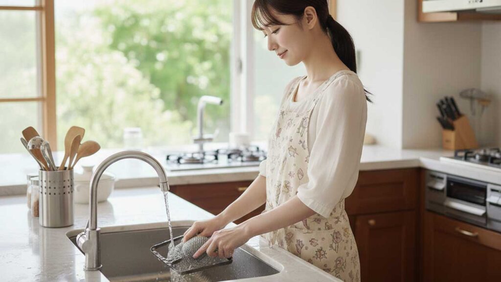 ガスコンロを金属製たわしでこする