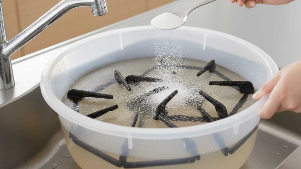 ガスコンロの五徳を重曹につける