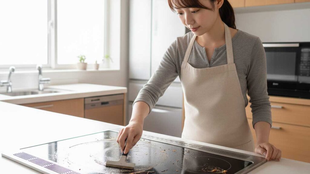 IHコンロの汚れを専用スクレーパーではがす