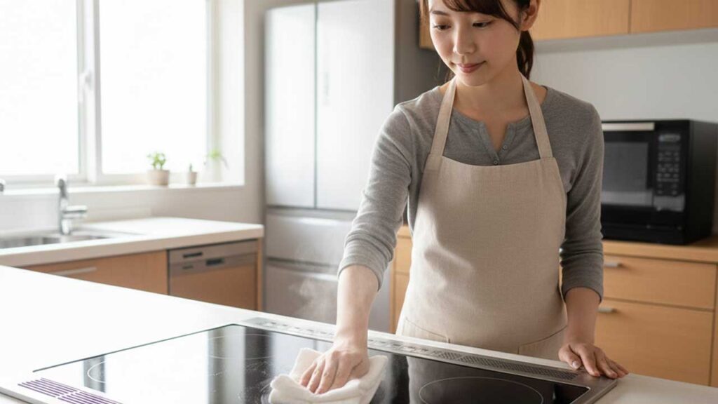 IHコンロを温かい布で拭く