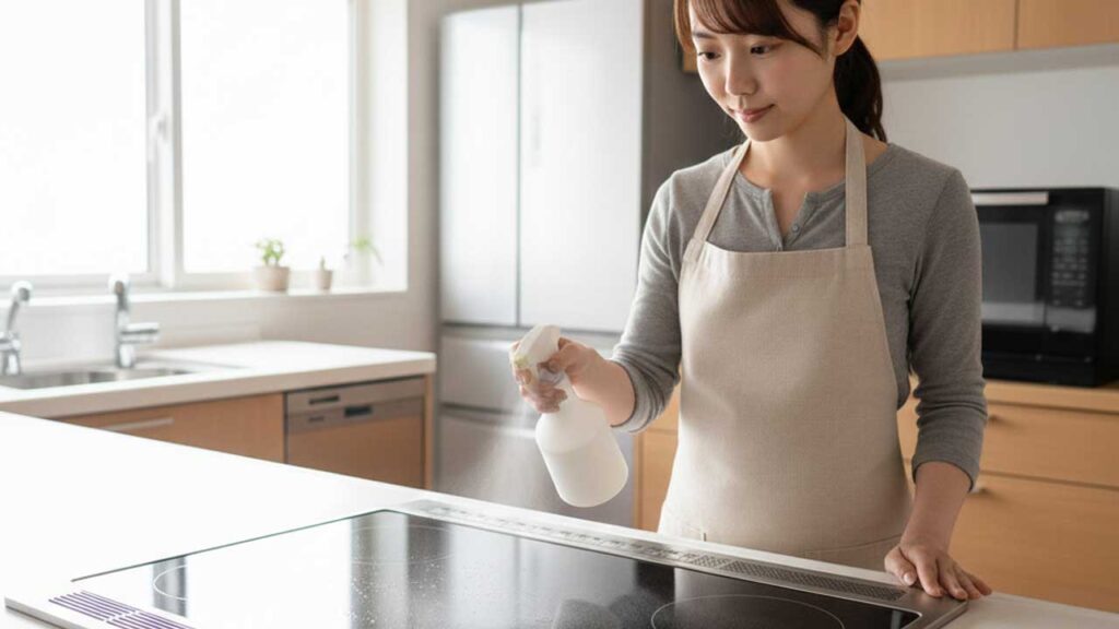 IHコンロにスプレーを吹く