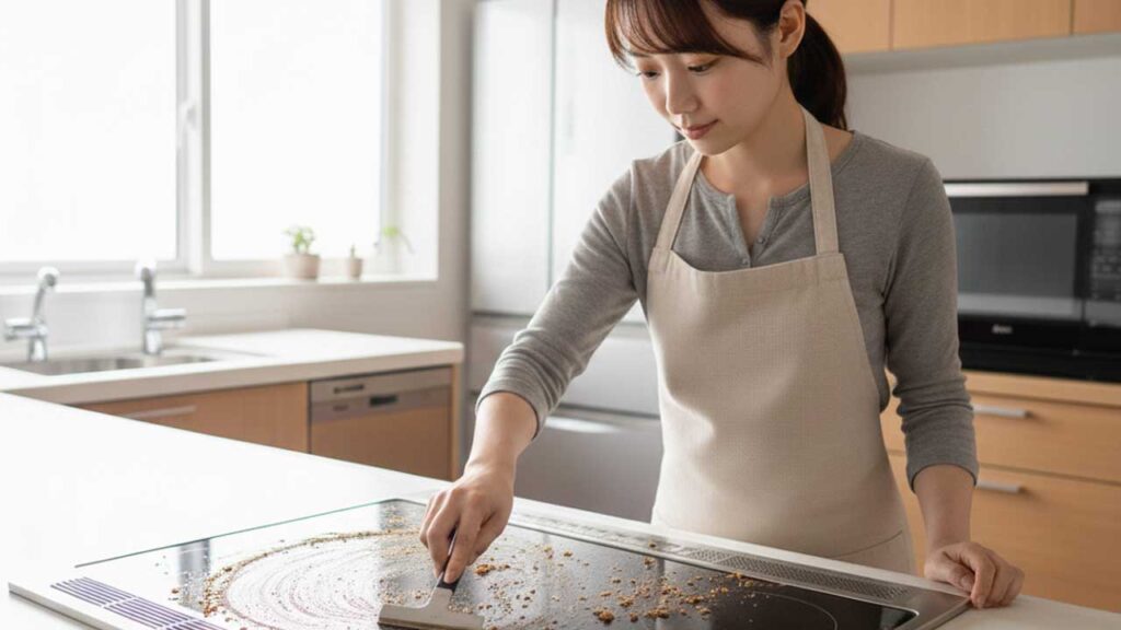 IHコンロを鉄製のスクレーパーでこする