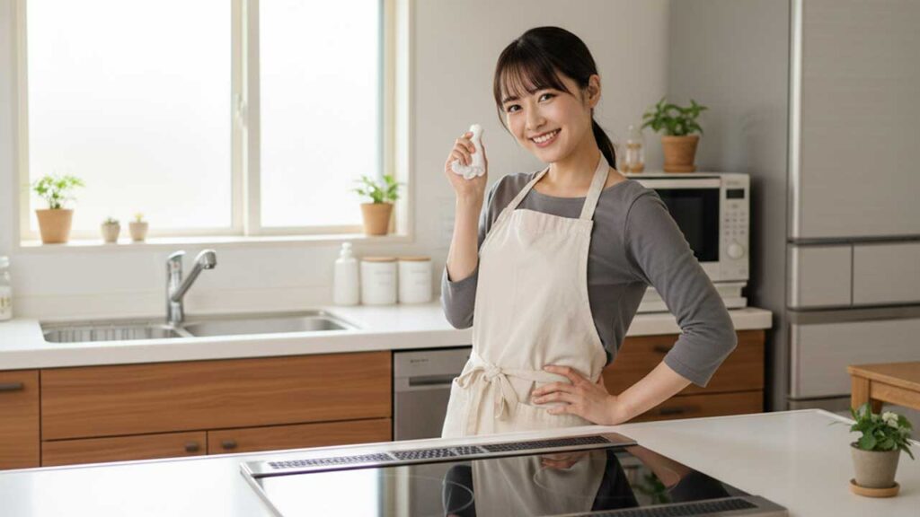 IHコンロの前でポーズを決める女性