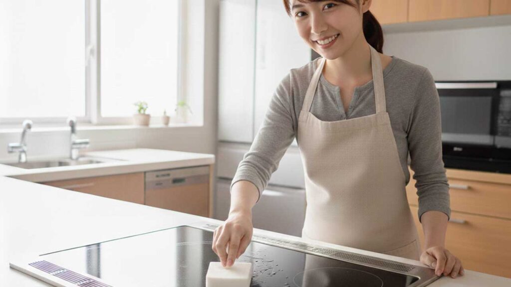 IHコンロをメラミンスポンジでこする
