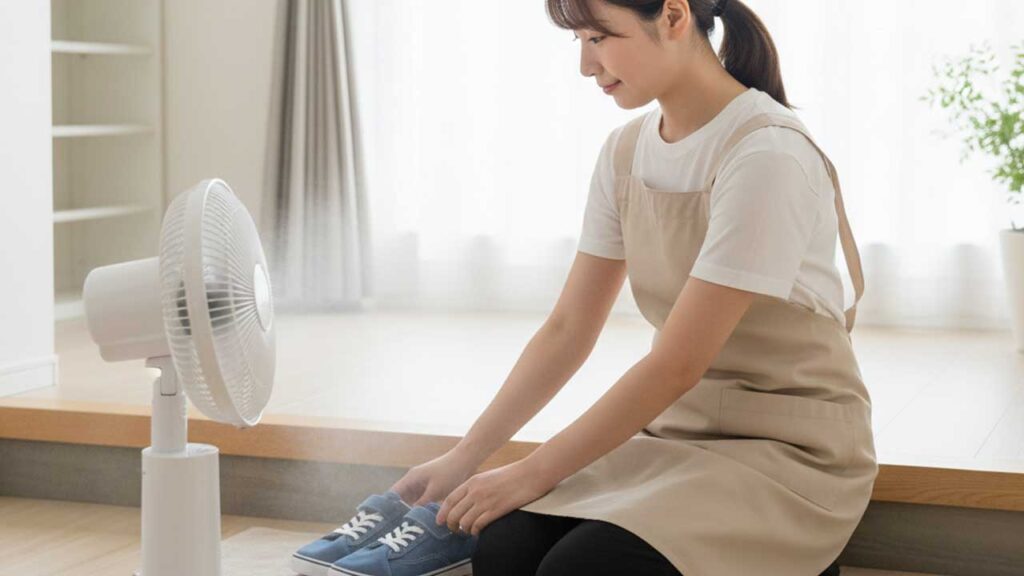 子供用の靴をサーキュレーターで乾かす