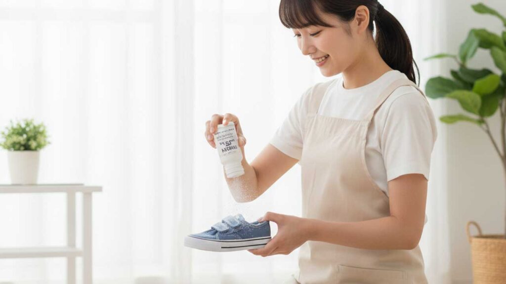 子供用の靴にパウダータイプの消臭剤をかける