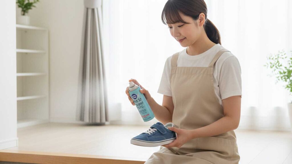 子供用の靴に消臭スプレーをする