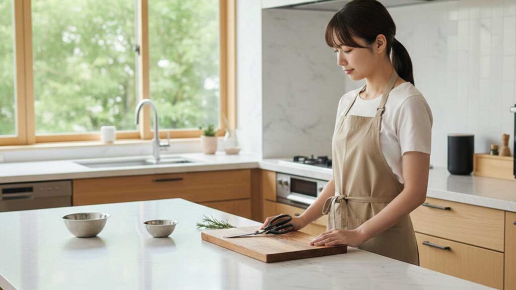 キッチンバサミを見つめる女性