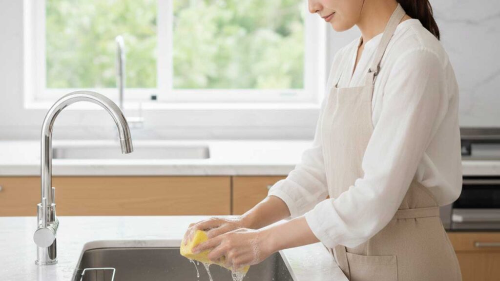 キッチンのスポンジを絞る