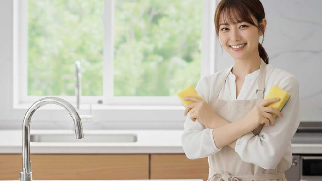 キッチンのスポンジを持つ女性