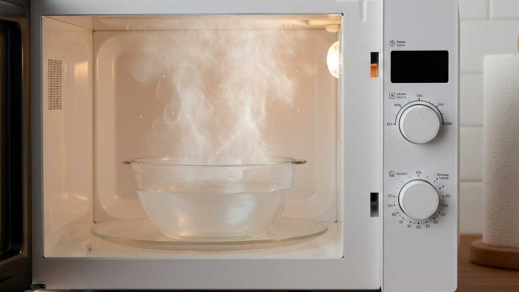 電子レンジを水蒸気で掃除する