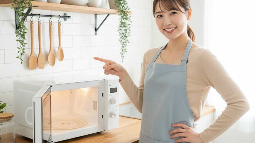 電子レンジの横に立つ女性